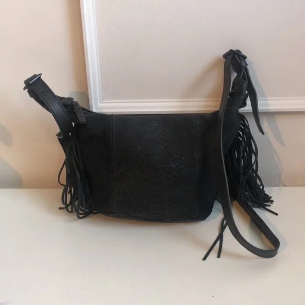 Ash Bo Black Python-Embossed Fringe Crossbody - image 4